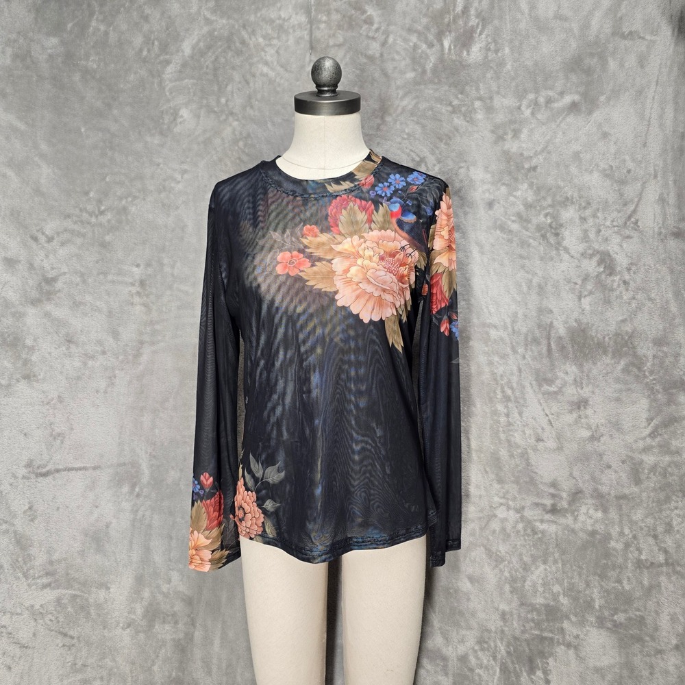 Floral Mesh Sheer Long Sleeve‎ Top Stretchy L Whimsigoth Romantic Layer Ethereal